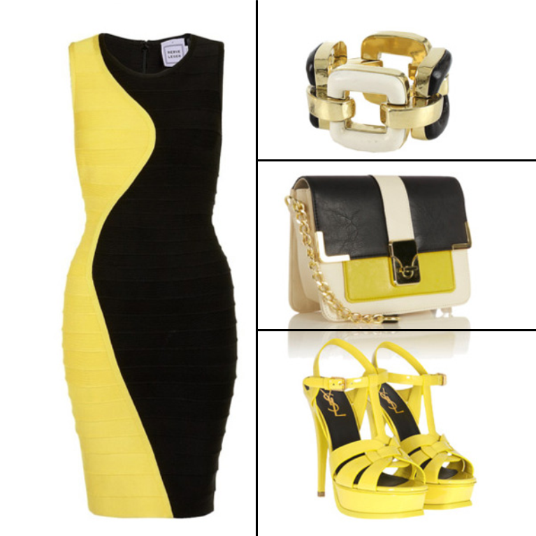 black dress with yellow accessories