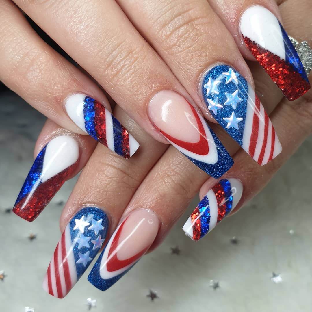 4th of july Nails with Glitter