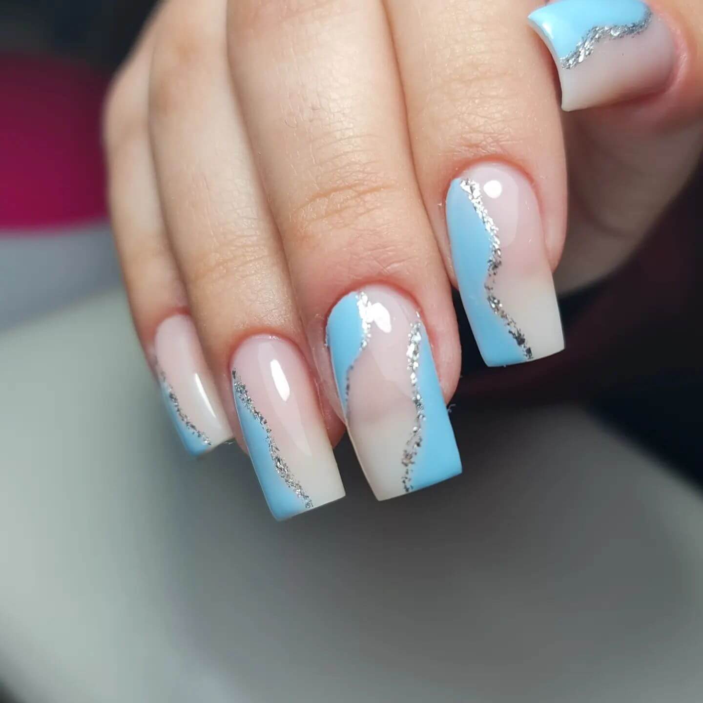 Baby Blue Nail Designs with Silver Glitter