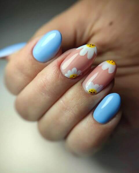 Light Blue Nails with Flowers