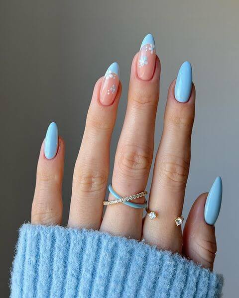 Light Blue Nails with Flowers