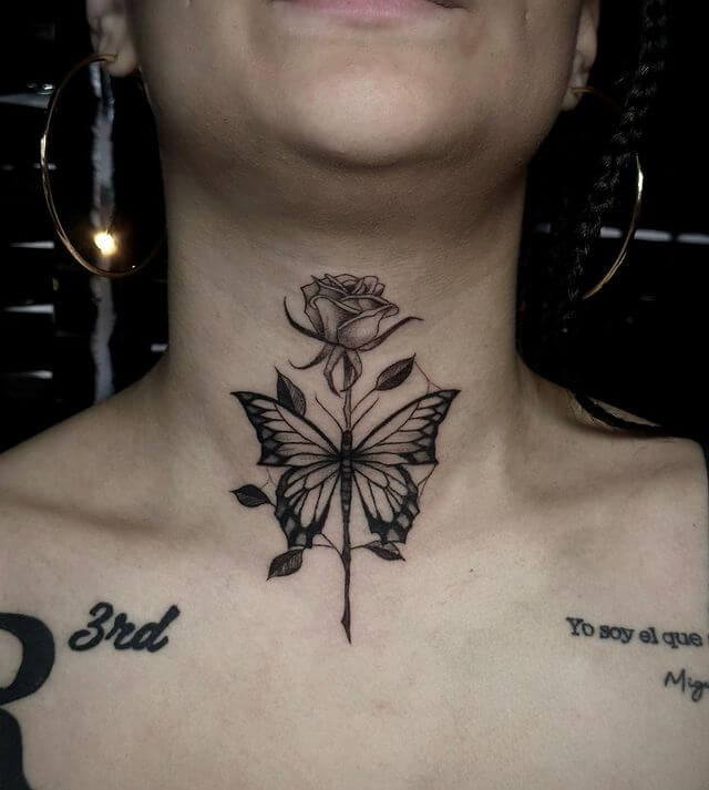 Flower butterfly front neck tattoo