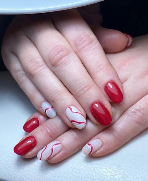 Red and White Swirl Nails